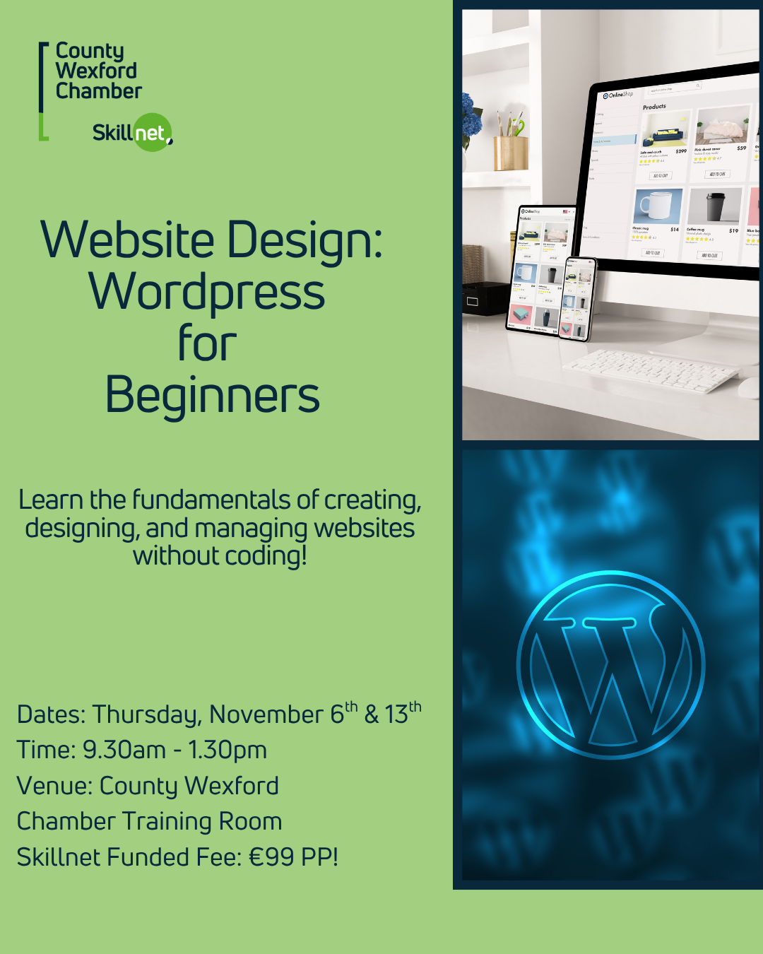 Website Design: WordPress for Beginners 6th & 13th November – €99 PP!